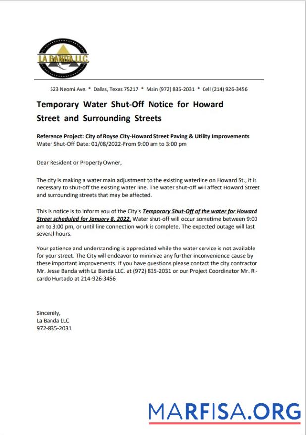 Realistic USA Texas La Banda utility water shut off notice, Word and PDF template